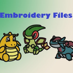 May include: Embroidery files for three cartoon characters: a yellow dragon, a green and yellow flying creature, and a blue and red dragon.