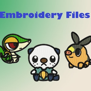 May include: Embroidery files featuring three cartoon character designs. The characters are a green and yellow snake-like creature, a white and black otter-like creature, and an orange and black pig-like creature. The text "Embroidery Files" is at the top.