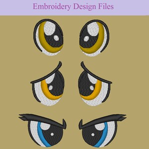 Peut inclure: Ensemble de six motifs de broderie représentant différentes expressions d'yeux de dessin animé. Les yeux sont jaunes, blancs et noirs avec une variété d'expressions, y compris heureux, triste et en colère.