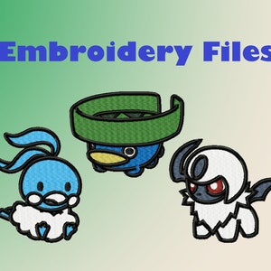 Pode incluir: Arquivos de bordado para três personagens de Pokemon de desenho animado: um pássaro azul e branco, uma tartaruga azul e verde e um lobo branco e preto.