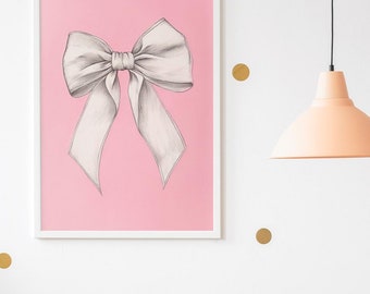 Pink Ribbon Bow Print, Balletcore Wall Art, Cute Nursery Wall Art, Trendy Pink Art Print, Girly Wall Decor, Digital Download
