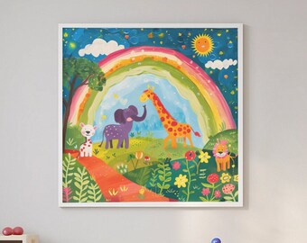 Giraffe and Elephant Nursery Print Kids Wall Art Printable Giraffe art Safari print Nursery Art Zoo animals Cute Giraffe Rainbow PRINTABLE