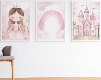 Girls room wall decor, Princess Art Prints, Pink Art,Princess Rainbow prints, Princess Nursery Decor, Fairytale Art, Little Girls Room Decor