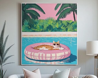 Pool Art, Cat Art, Swimming Poster, Animal Art Print, Swimming Pool Gift, Cute Cat Wall Art, Swimming Gift, Cat Poster, Instant Download