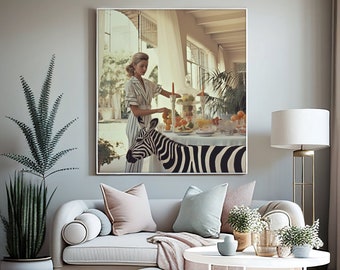 Mid-Century Modern Art, Woman with Zebra, Wall Art, Sound of Music Art, Palm Springs vintage print, retro art, Fun Art Print , Downloadable