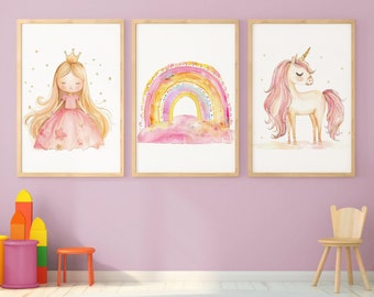 Girls room wall decor - Princess room decor - Princess Unicorn prints - Princess nursery decor - Rainbow wall art - Little girls room decor
