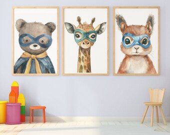 Láminas de superhéroes para pared, arte de superhéroes para habitación de niños, láminas de safari para bebés, arte de pared para niños, guardería con temática de superhéroes, galería de pared para niños, juego de tres