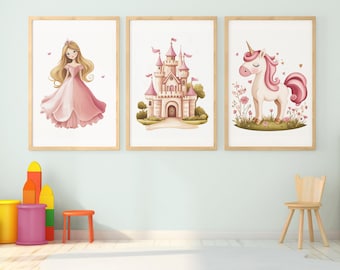 Girls room wall decor - Princess room decor - Princess Unicorn prints - Princess Nursery Decor - Fairytale Art - Little Girls Room Decor