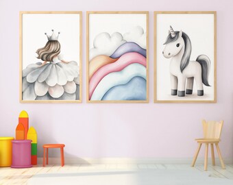Girls room wall decor - Princess room decor - Princess Unicorn prints - Princess Nursery Decor - Fairytale Art - Little Girls Room Decor