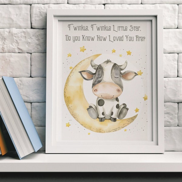 Moon and Stars Nursery Downable Print, Kids Wall Art Printable Art Twinkle Twinkle Print, Cow Nursery Watercolor Cute Celestial, PRINTABLE