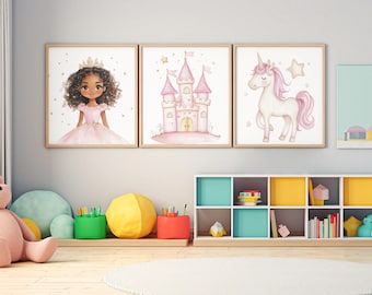 Girls room wall decor - Princess room decor - Princess Unicorn prints - Princess nursery decor - Castle wall art - Little girls room decor