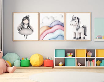 Girls room wall decor - Princess room decor - Princess Unicorn prints - Princess Nursery Decor - Fairytale Art - Little Girls Room Decor