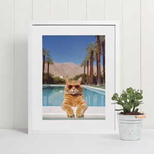 Mid century modern wall art, funny cat home decor, cat in sunglasses in a pool