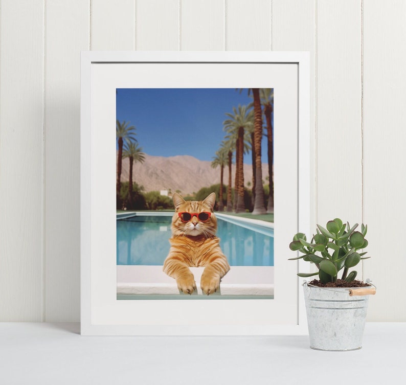 Mid century modern wall art, funny cat home decor, cat in sunglasses in a pool
