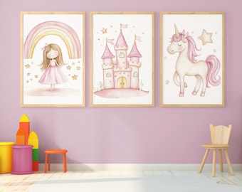 Girls room wall decor - Princess room decor - Princess Unicorn prints - Princess Nursery Decor - Fairytale Art - Little Girls Room Decor