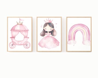 Girls room wall decor, Princess Art Prints, Pink Art,Princess Rainbow prints, Princess Nursery Decor, Fairytale Art, Little Girls Room Decor