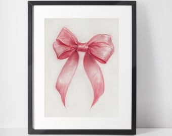 Pink Ribbon Bow Print, Balletcore Wall Art, Cute Nursery Wall Art, Trendy Pink Art Print, Girly Wall Decor, Digital Download
