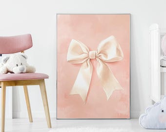 Pink Ribbon Bow Print, Balletcore Wall Art, Cute Nursery Wall Art, Trendy Pink Art Print, Girly Wall Decor, Digital Download