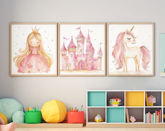 May include: Three framed watercolor prints featuring a princess with a crown, a pink castle, and a unicorn. The prints are displayed on a wall above a white shelf with colorful storage bins.