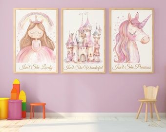 Girls room wall decor, Princess room decor, Unicorn prints - Princess nursery decor - Castle wall art, Little girls room decor, Set of three