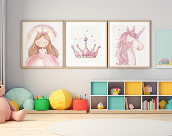 Girls Room Wall Decor, Princess Room Decor, Unicorn prints - Princess Nursery Decor - Castle Wall Art, Little Girls Room Decor, Set of Three
