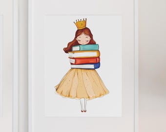 Arte de princesa lendo um livro, arte de biblioteca, arte literária para quarto infantil, presente para leitores ávidos, ler é mágico, arte para quarto de princesa, download instantâneo