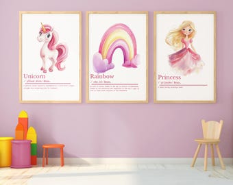 Girls room wall decor - Princess room decor - Princess Unicorn prints - Princess Nursery Decor - Fairytale Art - Little Girls Room Decor
