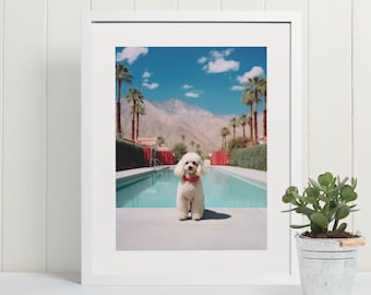 Poodle Dog Print, Poolside Glamour, Dog Poster, Mid century Modern Poster, Palm Springs Photography, Dog Wall Art, Poodle Lover, Digital