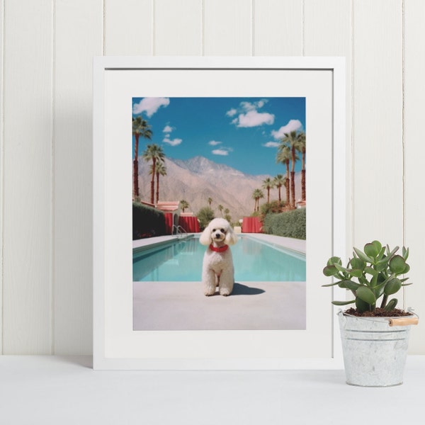 Poodle Dog Print, Poolside Glamour, Dog Poster,mid century modern Poster,Palm Springs Photography,Animal Print, Digital Download