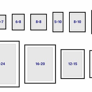 May include: A set of black picture frames with white mats and different sizes. The frames are arranged in two rows. The top row has five frames with the following dimensions: 5x7, 6x8, 8x8, 5x10, and 8x10. The bottom row has four frames with the following dimensions: 12x24, 16x20, 12x15, and 8x10.