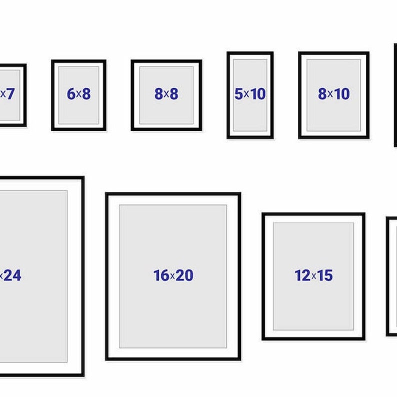 May include: A set of black picture frames with white mats and different sizes. The frames are arranged in two rows. The top row has five frames with the following dimensions: 5x7, 6x8, 8x8, 5x10, and 8x10. The bottom row has four frames with the following dimensions: 12x24, 16x20, 12x15, and 8x10.