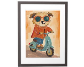 Dog on Bike Wall Art, Nursery Animal Print, Kids Room Decor, Nursery Dog Art, Dog Printable Art, Baby Room Decor