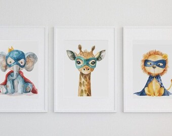 Láminas de superhéroes para pared, arte infantil de superhéroes, láminas de safari para bebés, arte infantil para pared, animales héroes, galería infantil (juego de tres)
