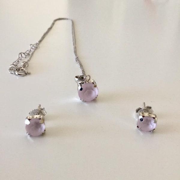 Sterling silver Light Pink Rose  Swarovski Crystal necklace and Earrings,  sterling silver jewellery set