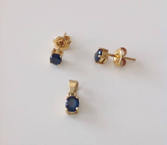 18K Gold genuine Blue Sapphire Pendant Earring Set gold 18k | Etsy