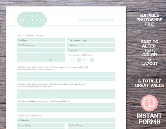Wedding Planner Questionnaire Timetable Invoice And Welcome Etsy