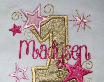 Stars and birthday numbers applique t shirt