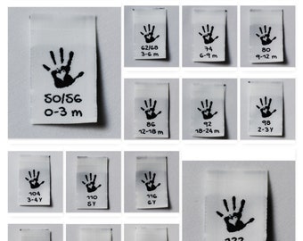 5 gewebte Grössenetiketten Baby Kinder Kleidung Handmade Label in versch. Größen erhältlich 50/56 - 140 kein Ausbleichen & kein Kratzen