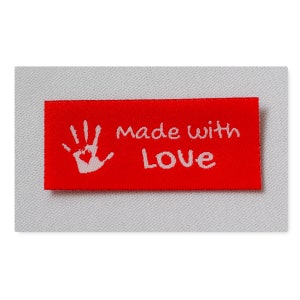 10 Handmade with Love Labels Webetikett Webetiketten, Webetikett Kleiderlabel, Stricketikett Rot-Weiss