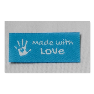 10 Handmade with Love Labels Webetikett Webetiketten, Webetikett Kleiderlabel, Stricketikett Hellblau-Weiss