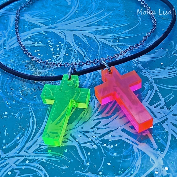 Neon Acrylic Cross Necklace, Lucite Elegant Cross, Neon Pink Green Cross on Leather or Stainless Steel Chain