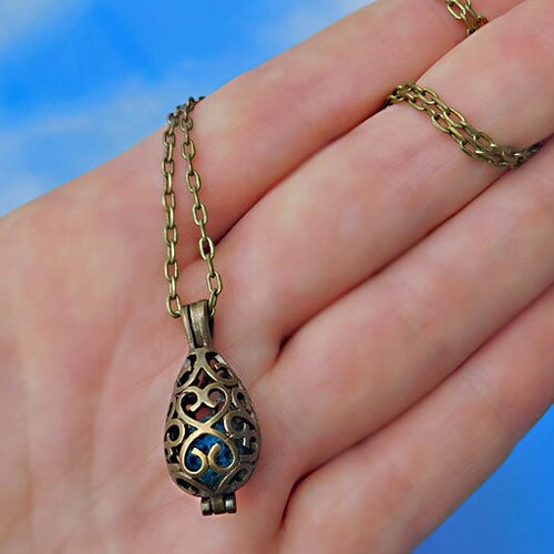 Aromatherapy Delicate Teardrop Locket Necklace, Bronze Tone Essential Oil Diffuser Necklace, Brass Filigree Teardrop Perfume Pendant