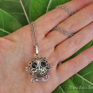 May include: Silver owl-shaped chime necklace with black beads for eyes. The chime is hanging from a silver chain.