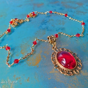 Victorian Style Red Crystal Necklace, Red Crystals and Gold Tone Necklace, Red Wedding Jewelry, Romantic Style Jewelry, Christmas Gift image 3