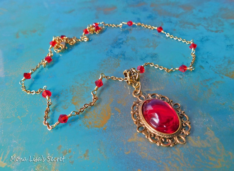 Victorian Style Red Crystal Necklace, Red Crystals and Gold Tone Necklace, Red Wedding Jewelry, Romantic Style Jewelry, Christmas Gift image 3