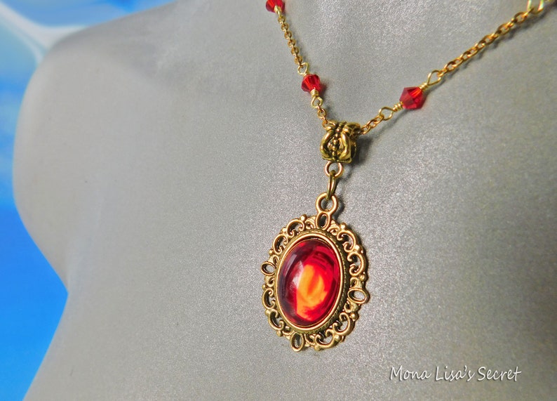 Victorian Style Red Crystal Necklace, Red Crystals and Gold Tone Necklace, Red Wedding Jewelry, Romantic Style Jewelry, Christmas Gift image 8