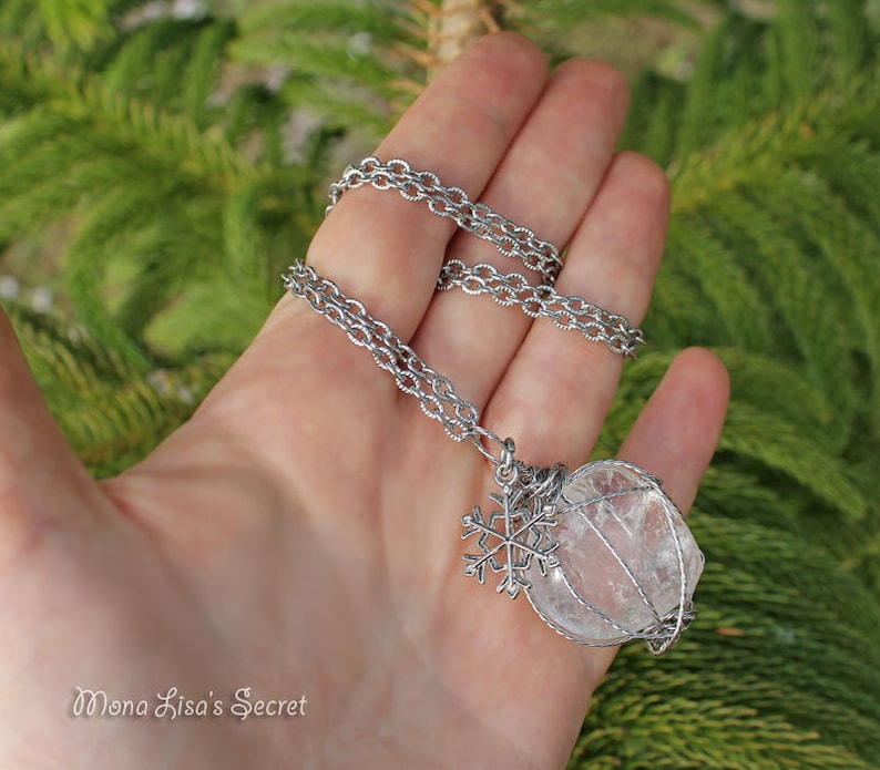 Crystal Quartz Snowflake Necklace Christmas Gift Long Wire Wrapped Crystal Necklace Crystal Quartz Jewelry Wire Wrapped Stone