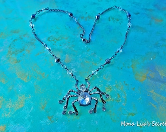 Spider Necklace, Halloween Necklace, Hematite and Clear Crystal Necklace, Spider Pendant, Crystal Spider Necklace