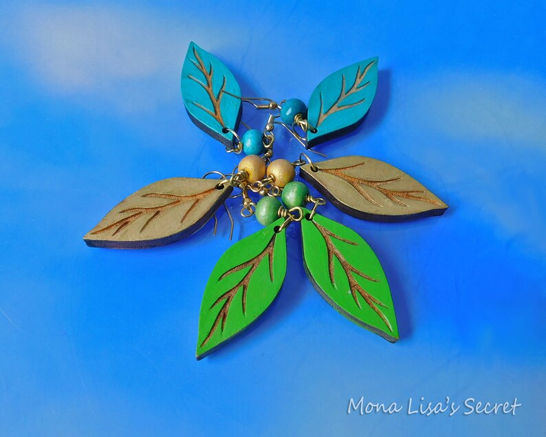 Green Lightweight Earrings Long Wood Earrings in Gold Laser Cut Wood Leaf Earrings Blue Wood Leaf Earrings