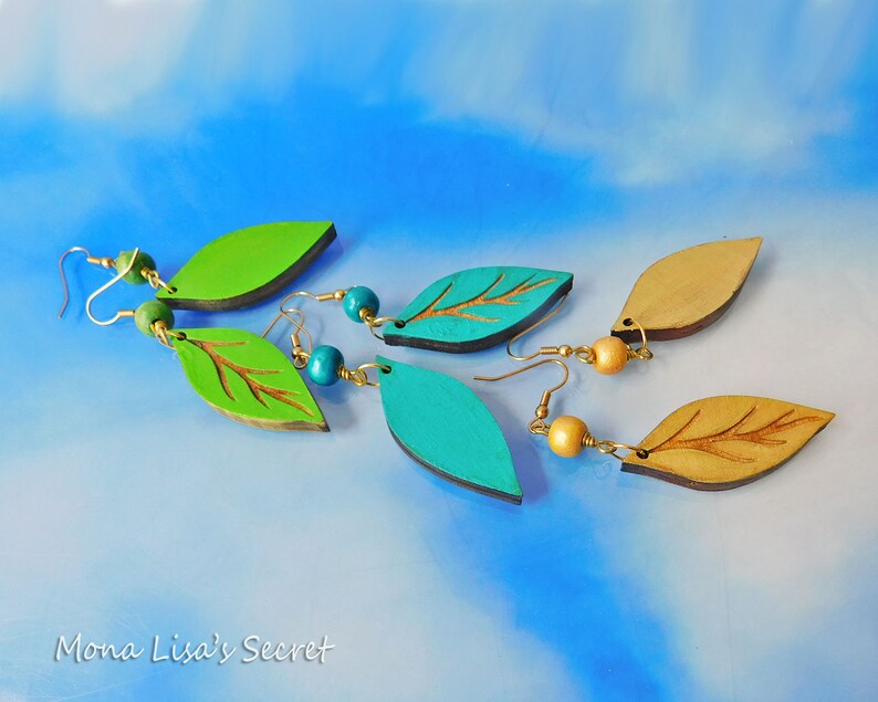 Green Lightweight Earrings Long Wood Earrings in Gold Laser Cut Wood Leaf Earrings Blue Wood Leaf Earrings